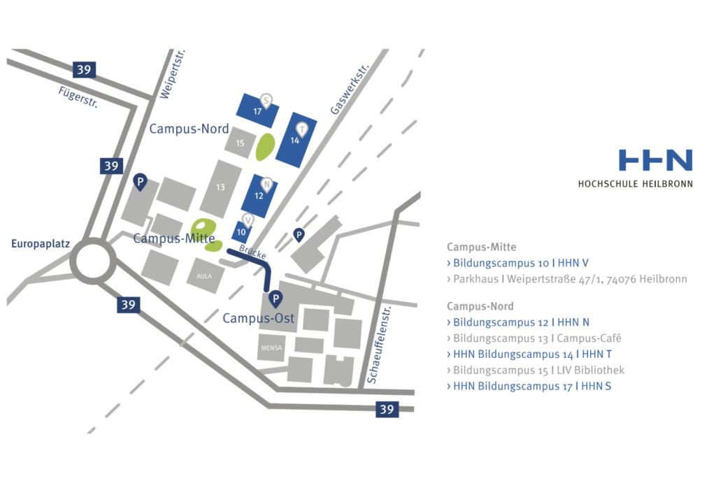 Lageplan Bildungscampus Heilbronn mit Aula und Parkhäusern